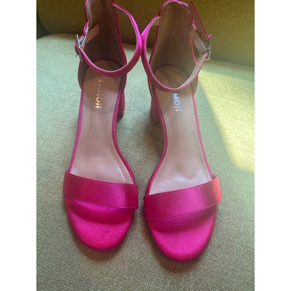 AMOJI Hot Pink Satin Block Heel Sandals Rhinestone Buckle Ankle Strap Size 37